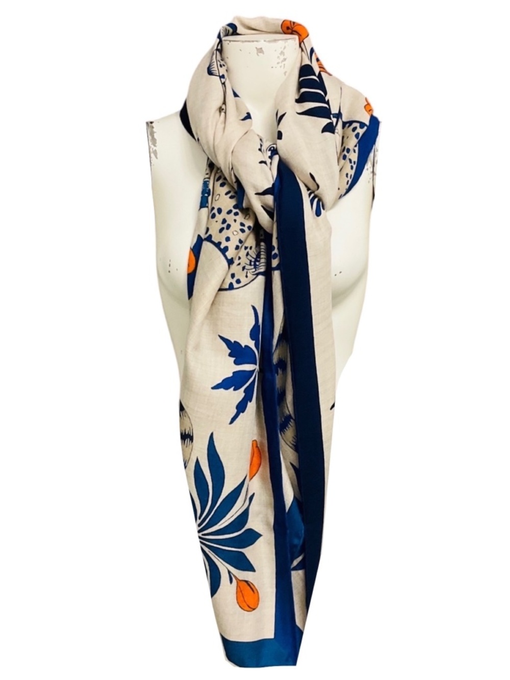HERMES NATURAL / BLUE / ORANGE LES LEOPARDS LARGE CASHMERE AND SILK SCARF - Picture 4 of 7